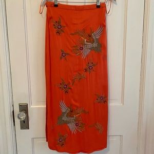 Anthropologie Maeve Viscose Silk Orange Embroidered Floral Skirt Size 2
